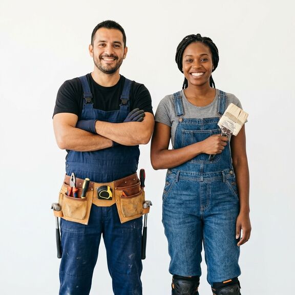 Dos trabajadores profesionales de iServices listos para ayudarte
